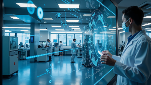 制药企业智能控制中心，大屏幕显示生产数据，工作人员正在监控系统运行状态，科技感强