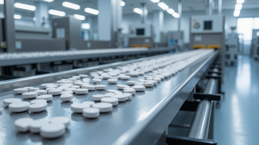 大型制药企业生产车间内部，现代化生产线设备整齐排列，工人正在操作控制面板，自动化程度高