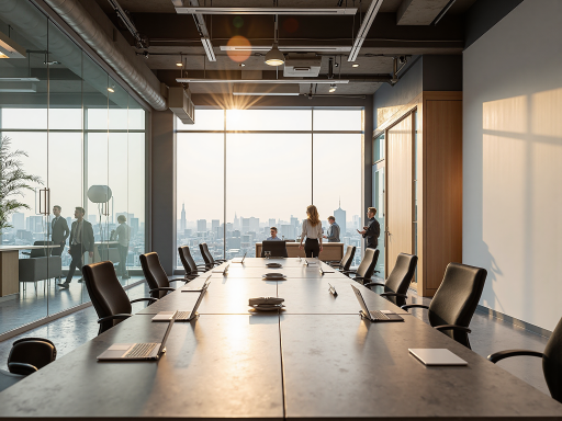 现代化办公环境内部，宽敞明亮的会议室，配备先进设备，专业团队正在讨论项目方案